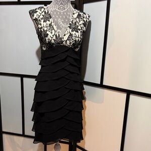 Black & Ivory Lace V-Neck Tiered Mini Dress